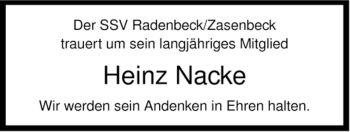 Traueranzeige von Heinz Nacke von ALLGEMEINE ZEITUNG UELZEN