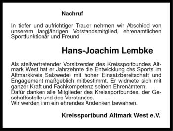 Traueranzeige von Hans-Joachim Lembke von ALLGEMEINE ZEITUNG UELZEN