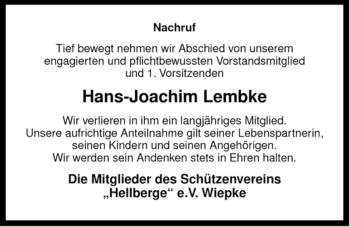 Traueranzeige von Hans-Joachim Lembke von ALLGEMEINE ZEITUNG UELZEN