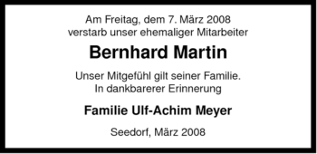 Traueranzeige von Bernhard Martin von ALLGEMEINE ZEITUNG UELZEN