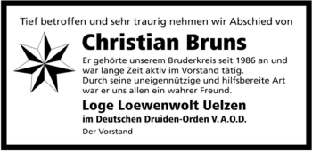 Traueranzeige von Christian Bruns von ALLGEMEINE ZEITUNG UELZEN