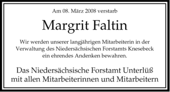 Traueranzeige von Margrit Faltin von ALLGEMEINE ZEITUNG UELZEN