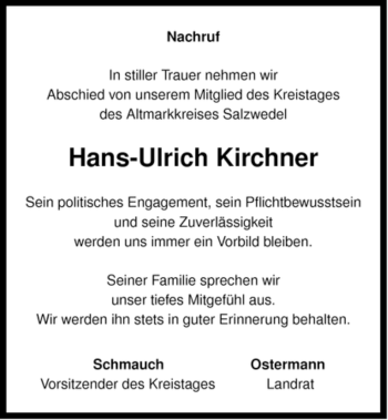 Traueranzeige von Hans-Ulrich Kirchner von ALLGEMEINE ZEITUNG UELZEN