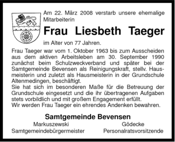 Traueranzeige von Liesbeth Taeger von ALLGEMEINE ZEITUNG UELZEN