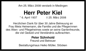 Traueranzeige von Peter Kiel von ALLGEMEINE ZEITUNG UELZEN