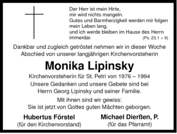 Traueranzeige von Monika Lipinsky von ALLGEMEINE ZEITUNG UELZEN