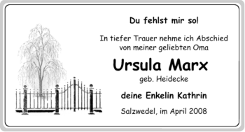 Traueranzeige von Ursula Marx von ALLGEMEINE ZEITUNG UELZEN