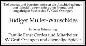 Traueranzeige von Rüdiger Müller-Wauschkies von ALLGEMEINE ZEITUNG UELZEN