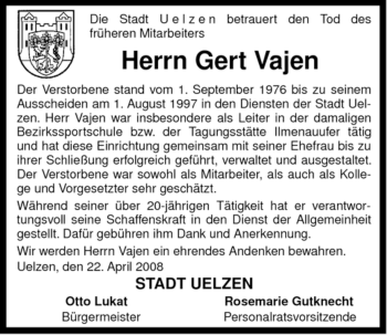 Traueranzeige von Gert Vajen von ALLGEMEINE ZEITUNG UELZEN