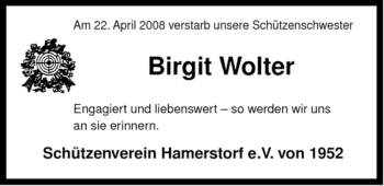 Traueranzeige von Birgit Wolter von ALLGEMEINE ZEITUNG UELZEN