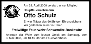 Traueranzeige von Otto Schulz von ALLGEMEINE ZEITUNG UELZEN