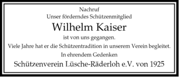 Traueranzeige von Wilhelm Kaiser von ALLGEMEINE ZEITUNG UELZEN