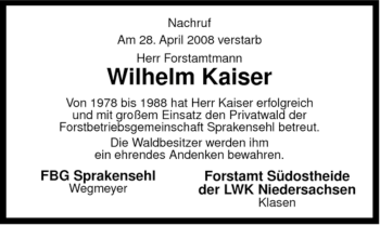 Traueranzeige von Wilhelm Kaiser von ALLGEMEINE ZEITUNG UELZEN