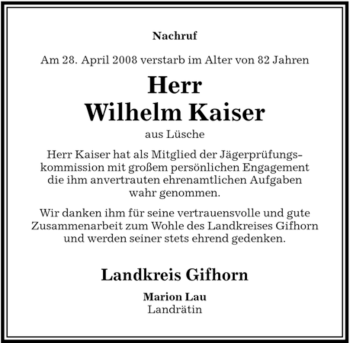 Traueranzeige von Wilhelm Kaiser von ALLGEMEINE ZEITUNG UELZEN