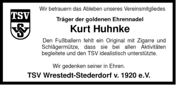 Traueranzeige von Kurt Huhnke von ALLGEMEINE ZEITUNG UELZEN