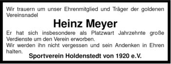 Traueranzeige von Heinz Meyer von ALLGEMEINE ZEITUNG UELZEN