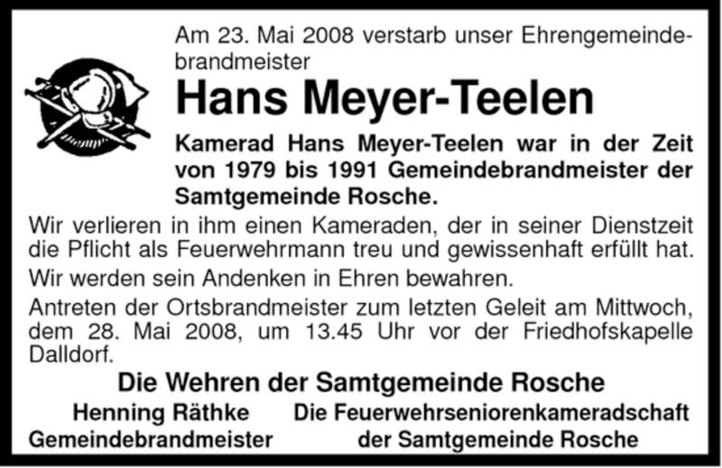  Traueranzeige für Hans Meyer-Teelen vom 27.05.2008 aus ALLGEMEINE ZEITUNG UELZEN