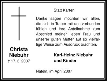 Traueranzeige von Christa Niebuhr von ALLGEMEINE ZEITUNG UELZEN