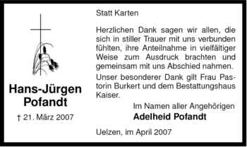 Traueranzeige von Hans-Jürgen Pofandt von ALLGEMEINE ZEITUNG UELZEN
