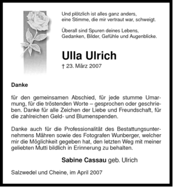 Traueranzeige von Ulla Ulrich von ALLGEMEINE ZEITUNG UELZEN