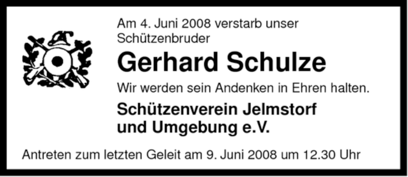  Traueranzeige für Gerhard Schulze vom 07.06.2008 aus ALLGEMEINE ZEITUNG UELZEN