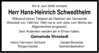 Traueranzeige von Hans-Heinrich Schwedthelm von ALLGEMEINE ZEITUNG UELZEN