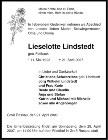 Traueranzeige von Lieselotte Lindstedt von ALLGEMEINE ZEITUNG UELZEN