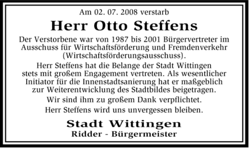  Traueranzeige für Otto Steffens vom 09.07.2008 aus ALLGEMEINE ZEITUNG UELZEN