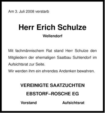 Traueranzeige von Erich Schulze von ALLGEMEINE ZEITUNG UELZEN