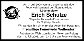 Traueranzeige von Erich Schulze von ALLGEMEINE ZEITUNG UELZEN