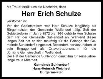 Traueranzeige von Erich Schulze von ALLGEMEINE ZEITUNG UELZEN