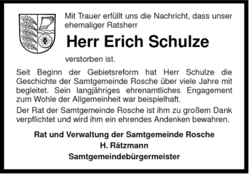 Traueranzeige von Erich Schulze von ALLGEMEINE ZEITUNG UELZEN