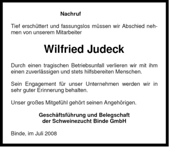 Traueranzeige von Wilfried Judeck von ALLGEMEINE ZEITUNG UELZEN