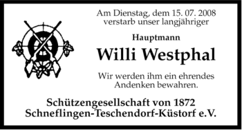 Traueranzeige von Willi Westphal von ALLGEMEINE ZEITUNG UELZEN