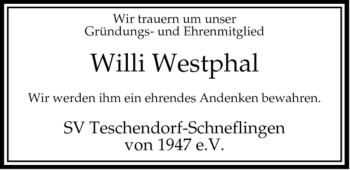 Traueranzeige von Willi Westphal von ALLGEMEINE ZEITUNG UELZEN