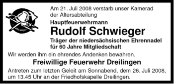Traueranzeige von Rudolf Schwieger von ALLGEMEINE ZEITUNG UELZEN