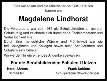 Traueranzeige von Magdalene Lindhorst von ALLGEMEINE ZEITUNG UELZEN