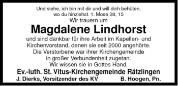 Traueranzeige von Magdalene Lindhorst von ALLGEMEINE ZEITUNG UELZEN