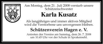 Traueranzeige von Karla Kusatz von ALLGEMEINE ZEITUNG UELZEN