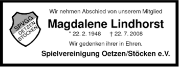 Traueranzeige von Magdalene Lindhorst von ALLGEMEINE ZEITUNG UELZEN