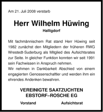 Traueranzeige von Wilhelm Hüwing von ALLGEMEINE ZEITUNG UELZEN