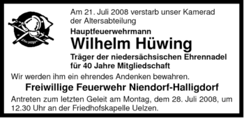 Traueranzeige von Wilhelm Hüwing von ALLGEMEINE ZEITUNG UELZEN