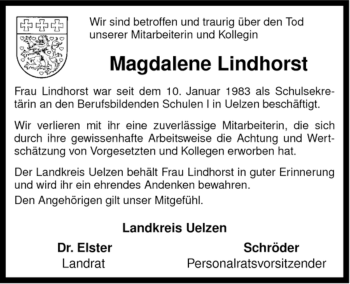 Traueranzeige von Magdalene Lindhorst von ALLGEMEINE ZEITUNG UELZEN