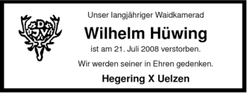 Traueranzeige von Wilhelm Hüwing von ALLGEMEINE ZEITUNG UELZEN