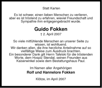 Traueranzeige von Guido Fokken von ALLGEMEINE ZEITUNG UELZEN