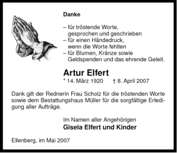 Traueranzeige von Artur Elfert von ALLGEMEINE ZEITUNG UELZEN