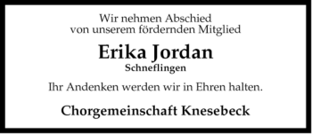 Traueranzeige von Erika Jordan von ALLGEMEINE ZEITUNG UELZEN