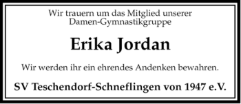 Traueranzeige von Erika Jordan von ALLGEMEINE ZEITUNG UELZEN