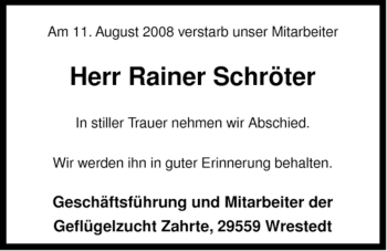 Traueranzeige von Rainer Schröter von ALLGEMEINE ZEITUNG UELZEN