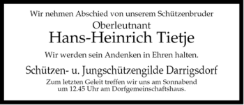 Traueranzeige von Hans-Hienrich Tietje von ALLGEMEINE ZEITUNG UELZEN